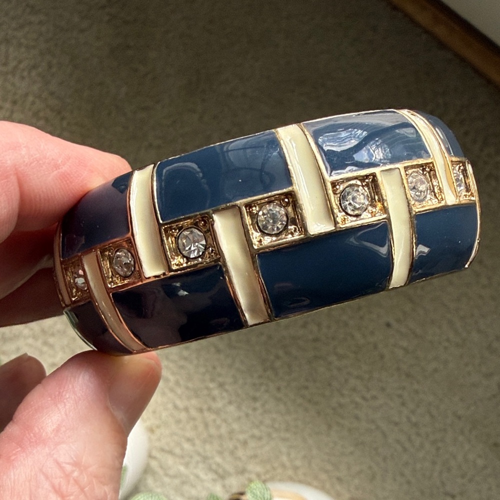 Vintage Heavy Navy Blue and Off-White Enamel Hinged Bangle with Crystal Accents
